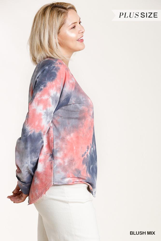 Tie-dye Button Front Long Raglan Sleeve Top With Raw Hem Look Up Deals