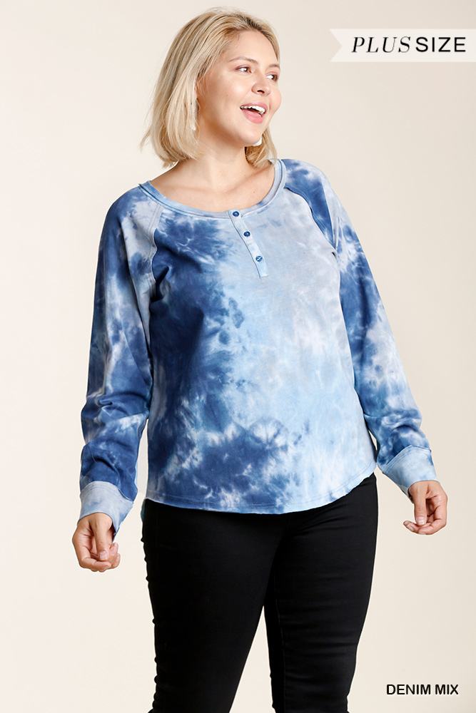 Tie-dye Button Front Long Raglan Sleeve Top With Raw Hem Look Up Deals