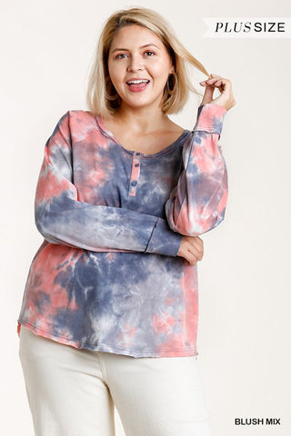 Tie-dye Button Front Long Raglan Sleeve Top With Raw Hem Look Up Deals