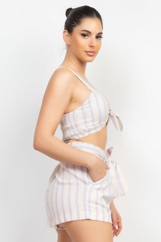 Tie-front Striped Crop Top & Belted Shorts Set Look Up Deals