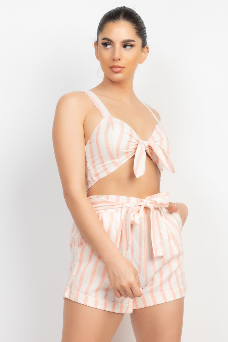 Tie-front Striped Crop Top & Belted Shorts Set Look Up Deals