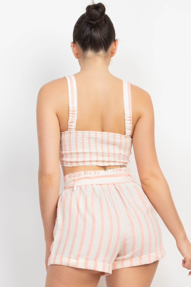 Tie-front Striped Crop Top & Belted Shorts Set Look Up Deals