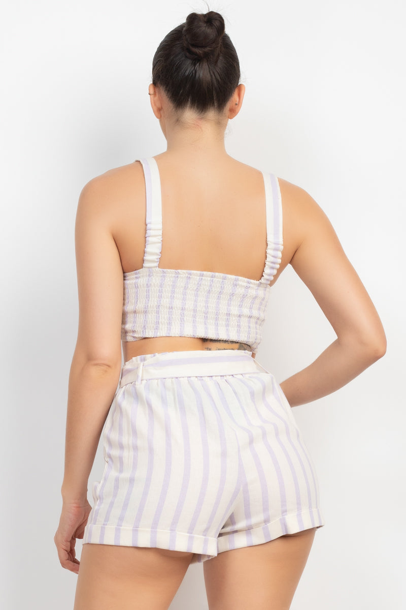 Tie-front Striped Crop Top & Belted Shorts Set Look Up Deals