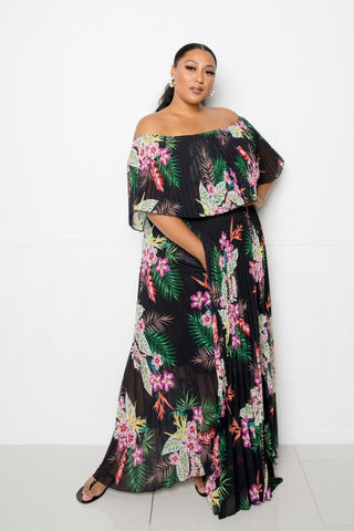 Tropical Printed Off Shoulder Pleated Maxi Dress Look Up Deals