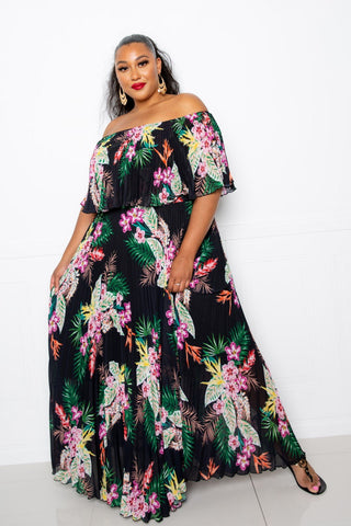 Tropical Printed Off Shoulder Pleated Maxi Dress Look Up Deals