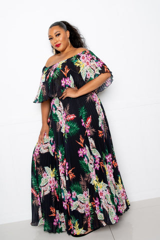 Tropical Printed Off Shoulder Pleated Maxi Dress Look Up Deals