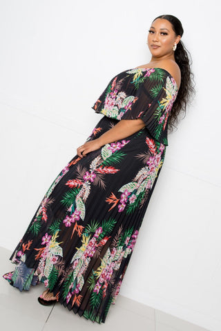 Tropical Printed Off Shoulder Pleated Maxi Dress Look Up Deals