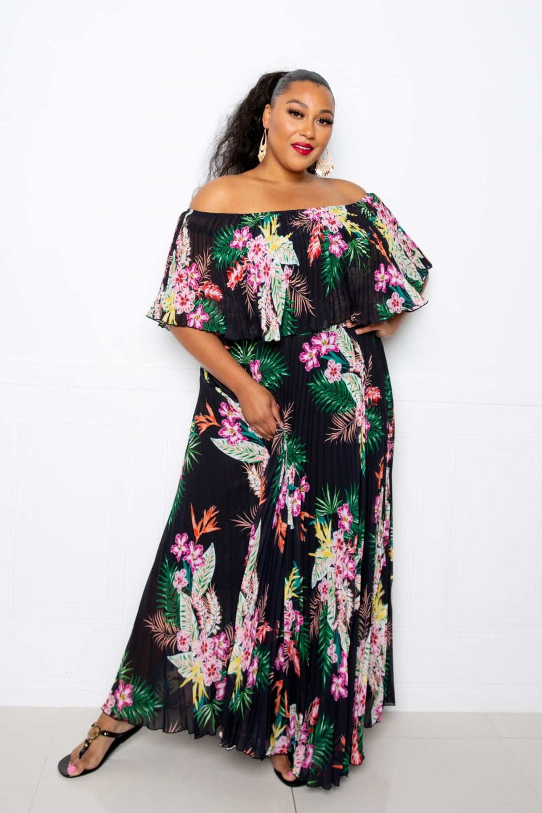 Tropical Printed Off Shoulder Pleated Maxi Dress Look Up Deals