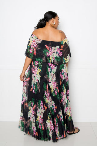 Tropical Printed Off Shoulder Pleated Maxi Dress Look Up Deals