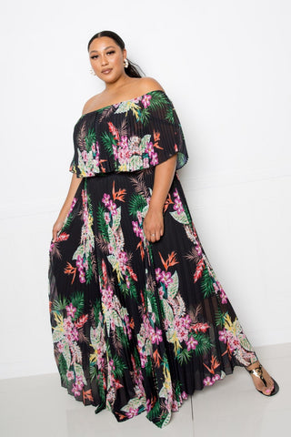 Tropical Printed Off Shoulder Pleated Maxi Dress Look Up Deals