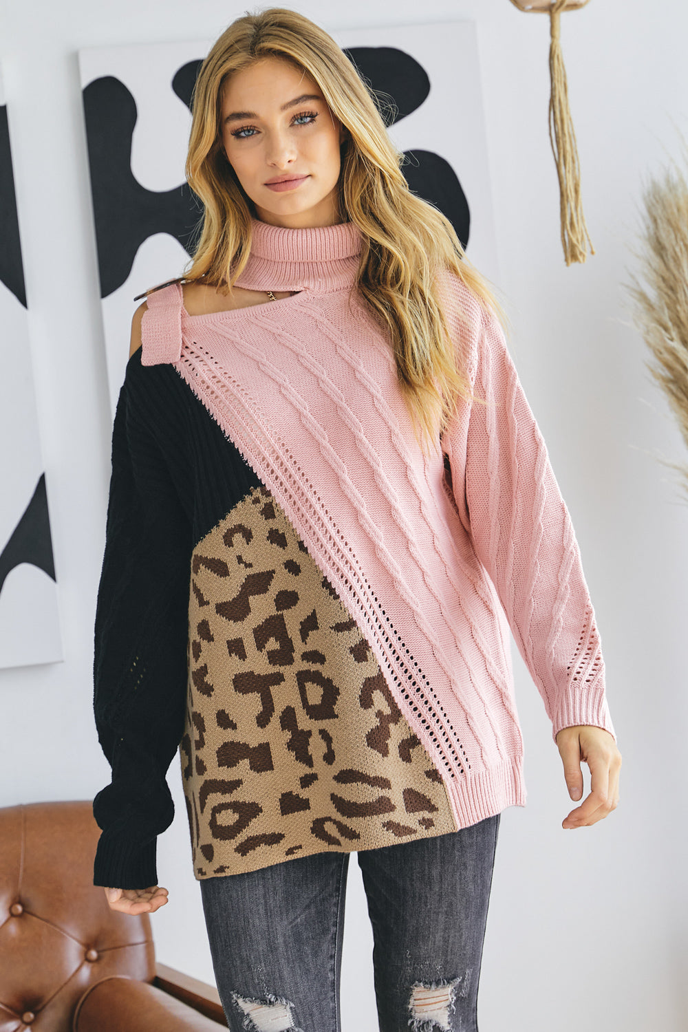 Turtle Neck Color Block Cutout Sweater Look Up Deals