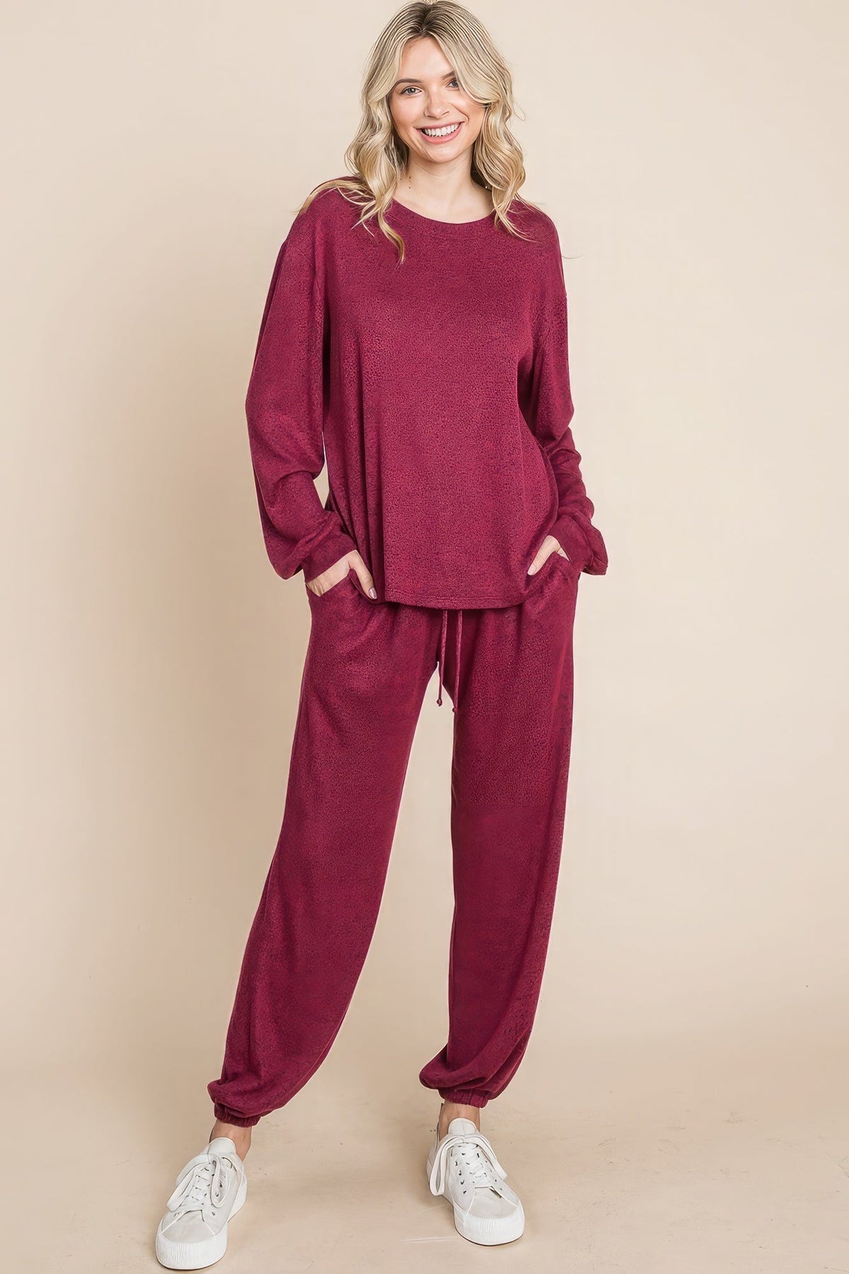 Two Tone Solid Warm And Soft Hacci Brush Loungewear Set Look Up Deals