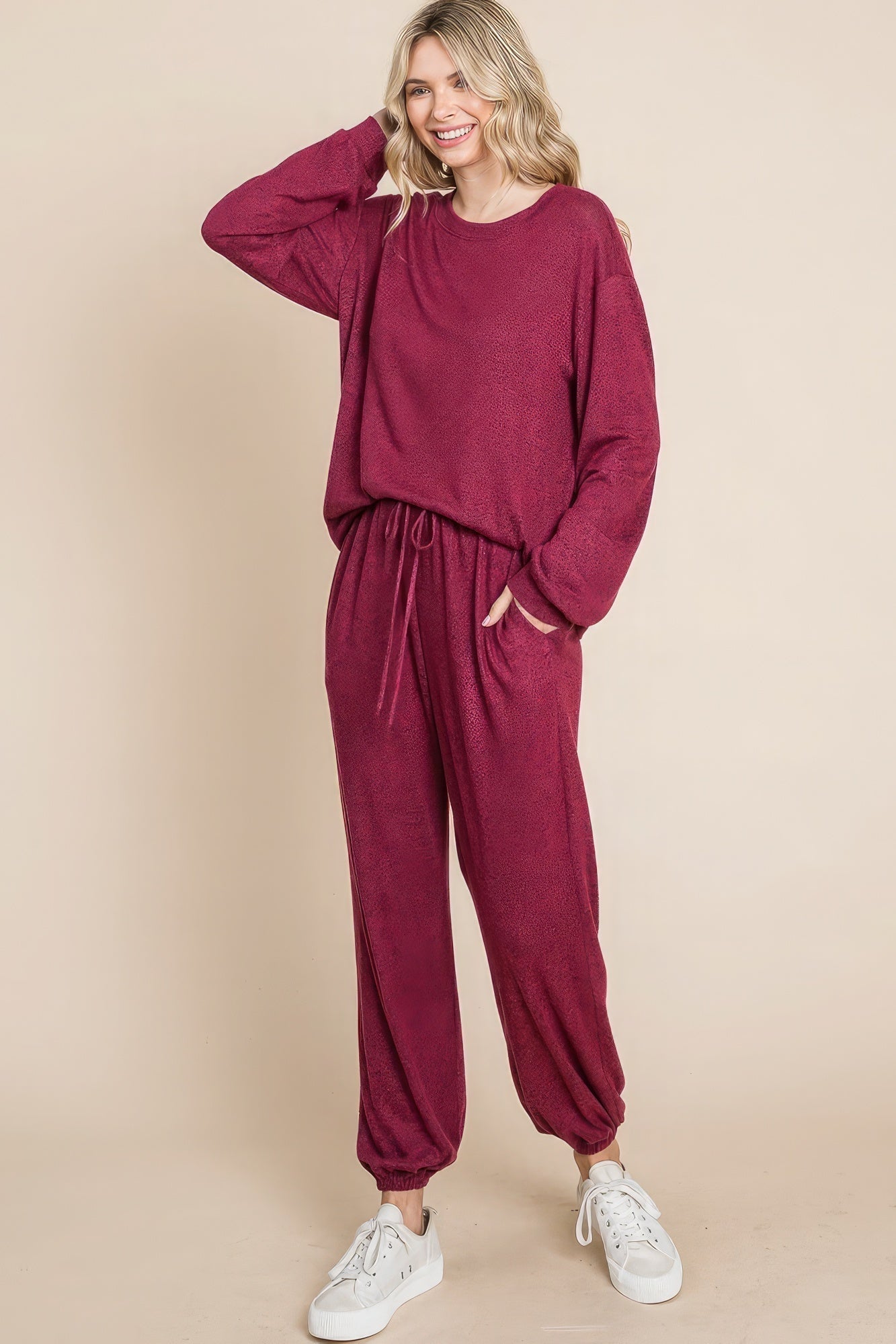 Two Tone Solid Warm And Soft Hacci Brush Loungewear Set Look Up Deals