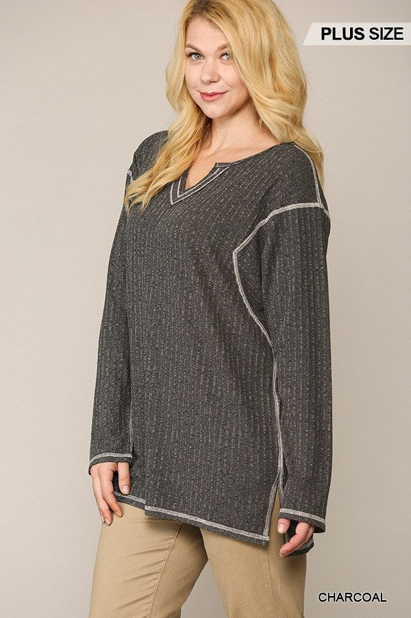 Two-tone Ribbed Tunic Top With Side Slits Look Up Deals