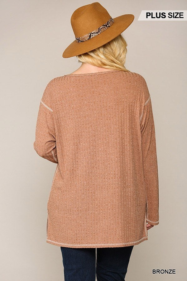 Two-tone Ribbed Tunic Top With Side Slits Look Up Deals