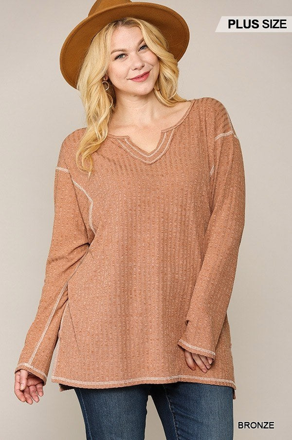 Two-tone Ribbed Tunic Top With Side Slits Look Up Deals