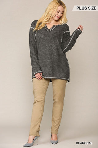 Two-tone Ribbed Tunic Top With Side Slits Look Up Deals