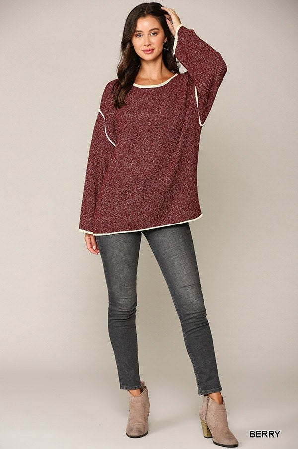 Two-tone Sold Round Neck Sweater Top With Piping Detail Look Up Deals