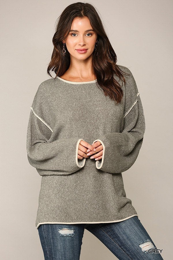 Two-tone Sold Round Neck Sweater Top With Piping Detail Look Up Deals