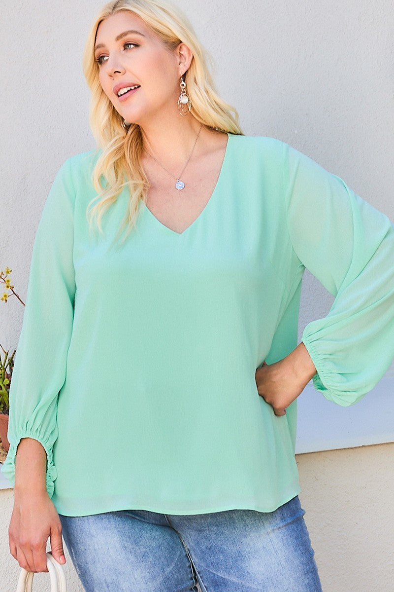 V Neck Bubble Sleeve Solid Top Look Up Deals