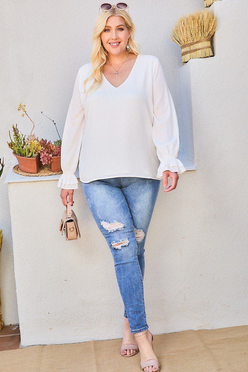 V Neck Tier Ruffle Sleeve Top Look Up Deals