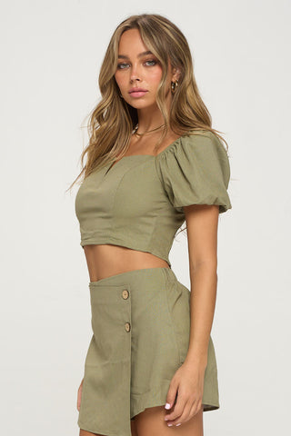 V-bar Puff Sleeve Top & Skorts Set Look Up Deals