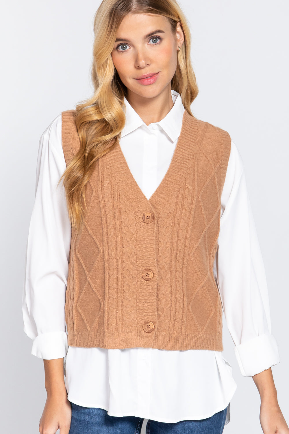 V-neck Cable Sweater Vest Cardigan Look Up Deals