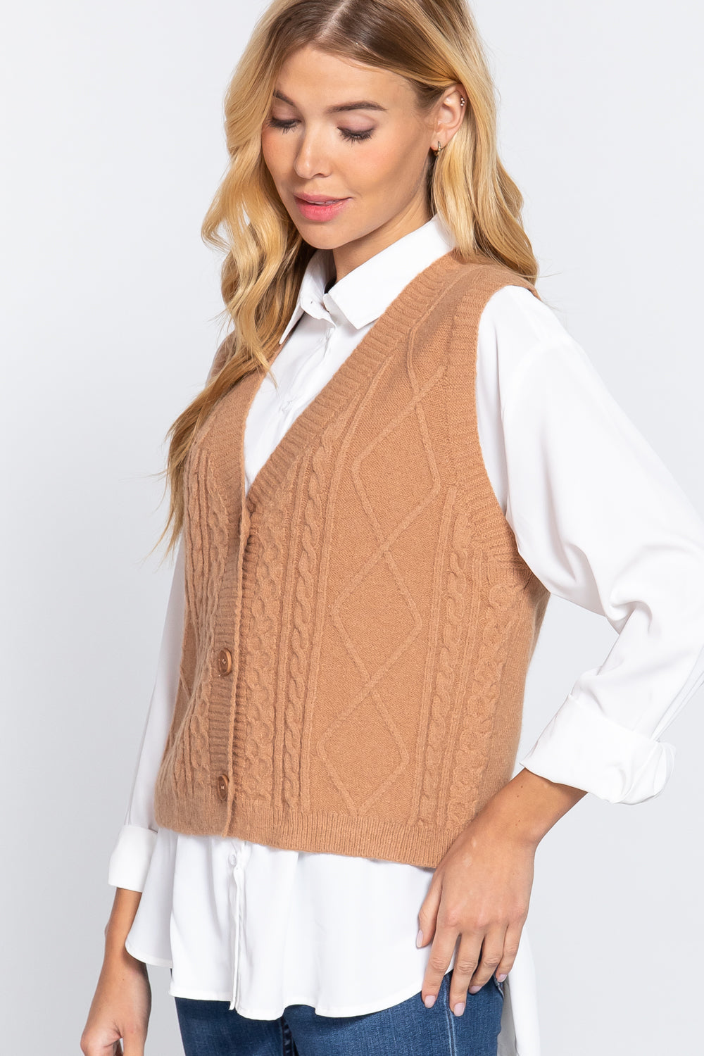 V-neck Cable Sweater Vest Cardigan Look Up Deals