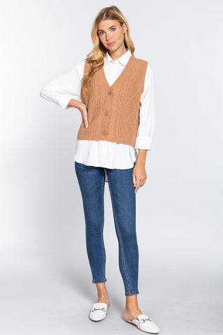 V-neck Cable Sweater Vest Cardigan Look Up Deals