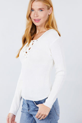 V-neck Eyelet Strap Back Sweater Look Up Deals