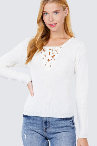 V-neck Eyelet Strap Back Sweater Look Up Deals