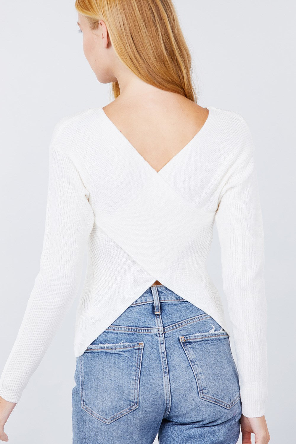 V-neck Eyelet Strap Back Sweater Look Up Deals