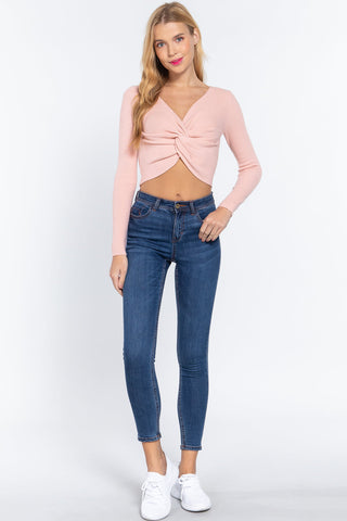 V-neck Front Knotted Crop Sweater Look Up Deals