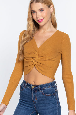 V-neck Front Knotted Crop Sweater Look Up Deals