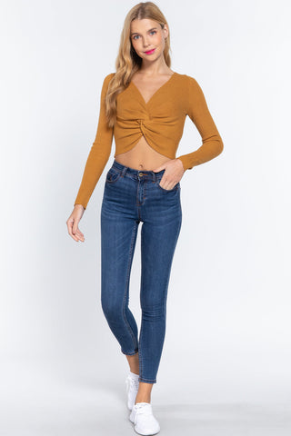 V-neck Front Knotted Crop Sweater Look Up Deals