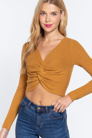 V-neck Front Knotted Crop Sweater Look Up Deals