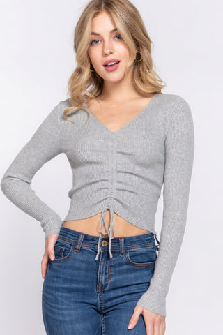 V-neck Shirring Tie Detail Sweater Look Up Deals