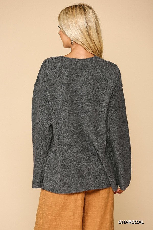 V-neck Solid Soft Sweater Top With Cut Edge Look Up Deals