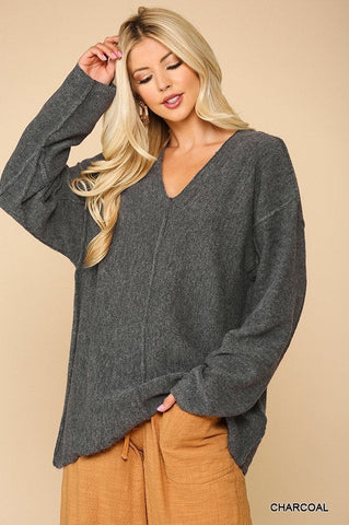 V-neck Solid Soft Sweater Top With Cut Edge Look Up Deals