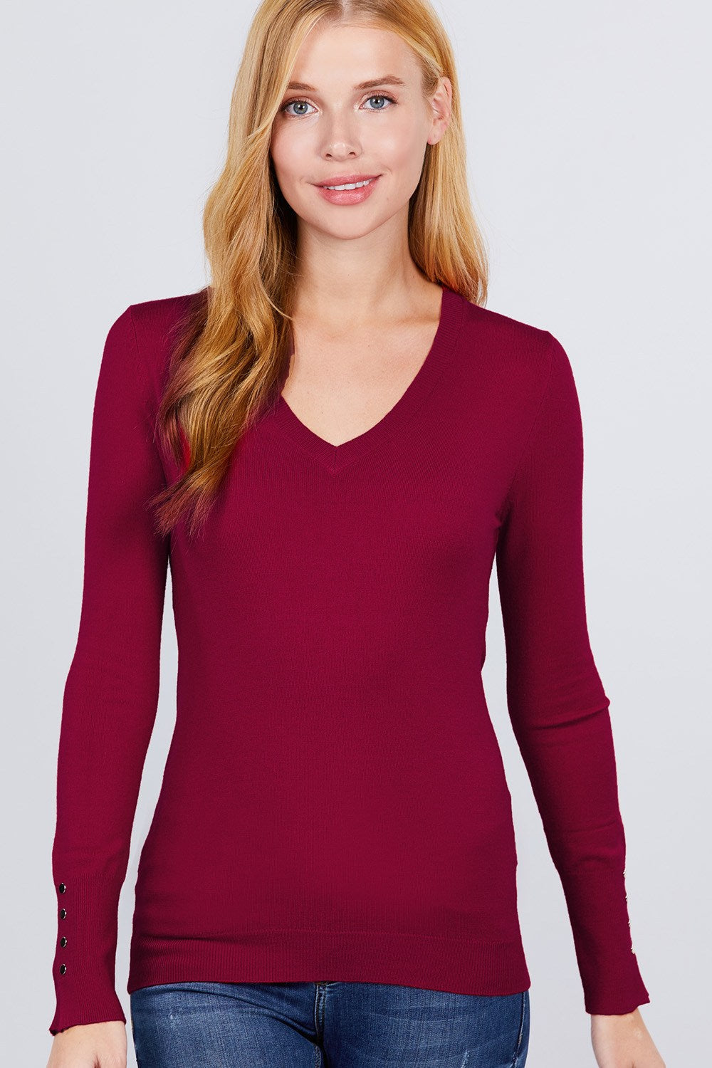 V-neck Sweater W/rivet Button Look Up Deals