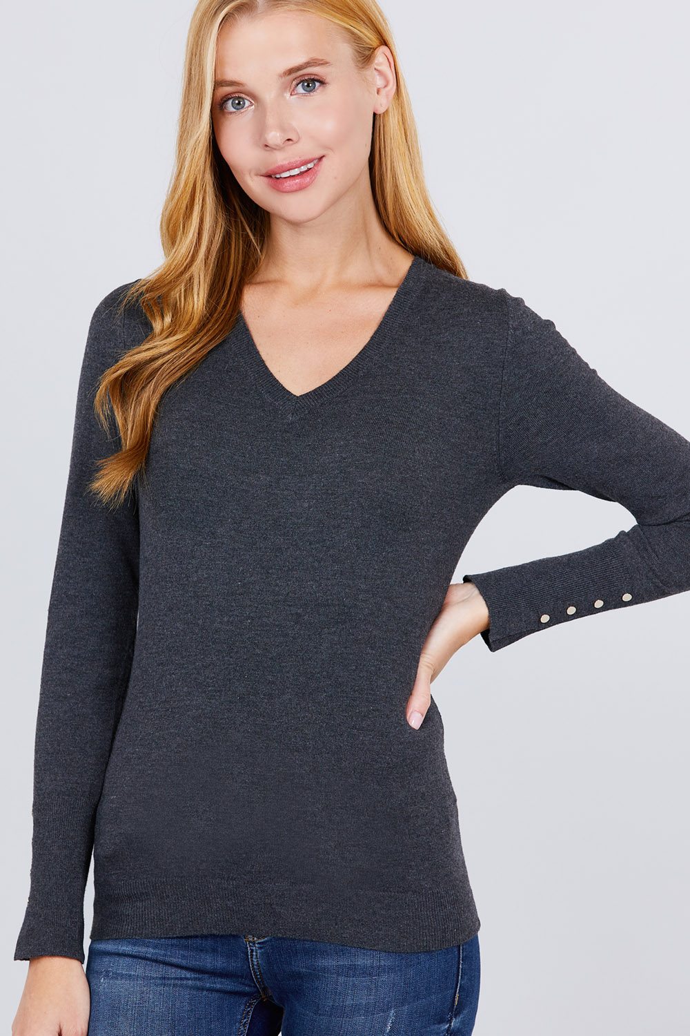 V-neck Sweater W/rivet Button Look Up Deals