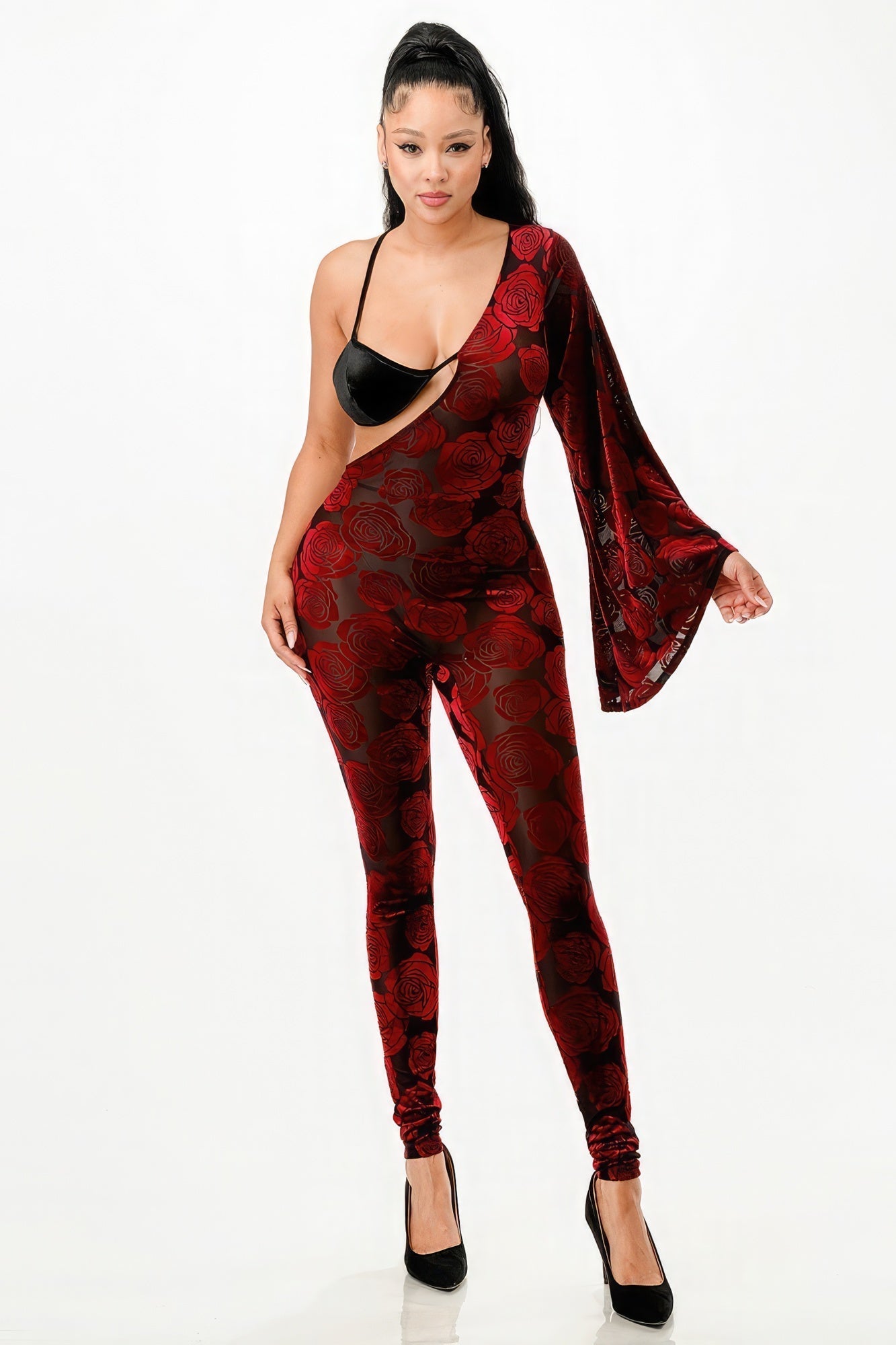 Velvet Flocking Jumpsuit/bell Sleeve Look Up Deals