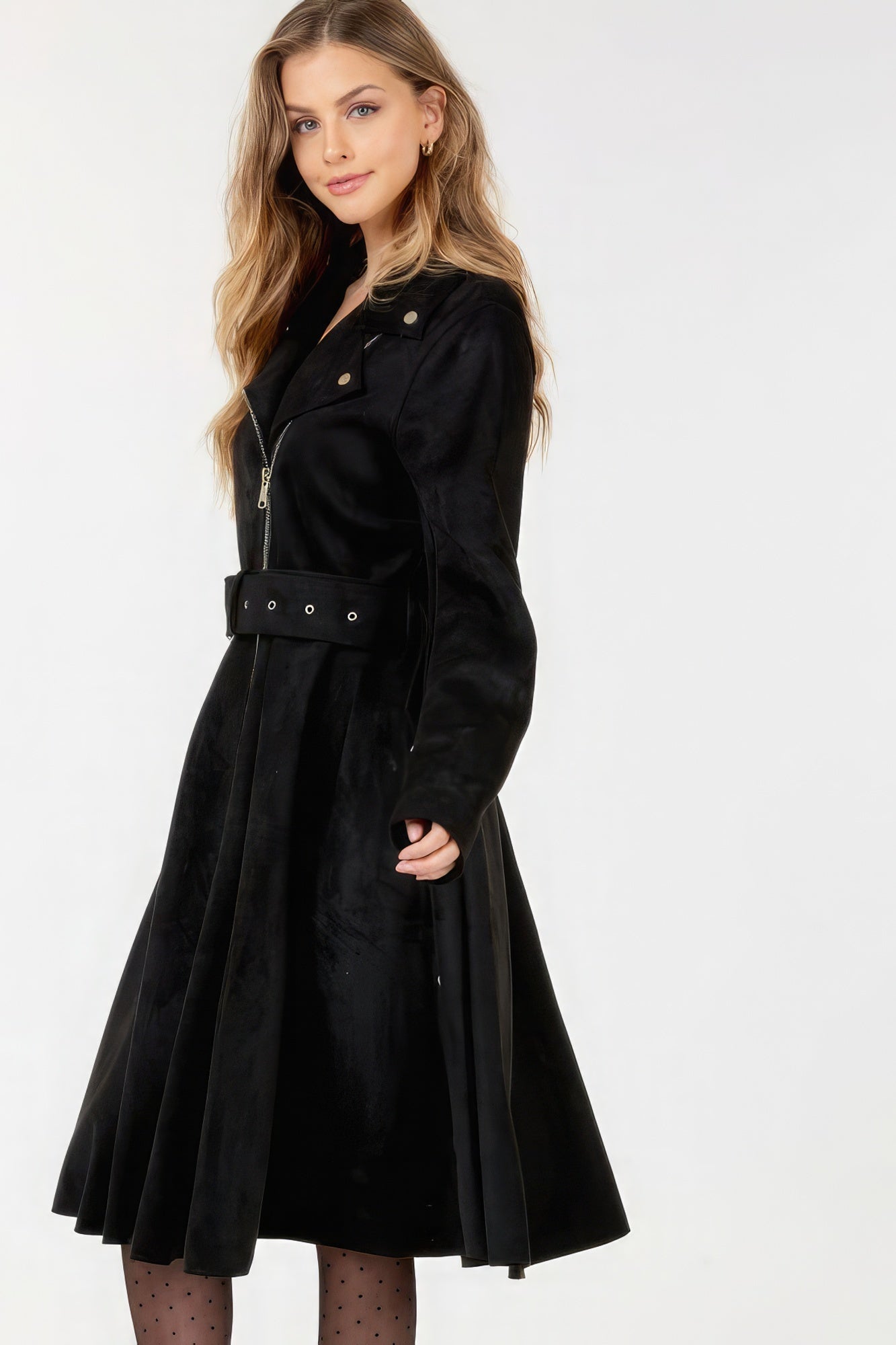 Waist Belt Tacked Faux Suede Coat Solid Coat Look Up Deals