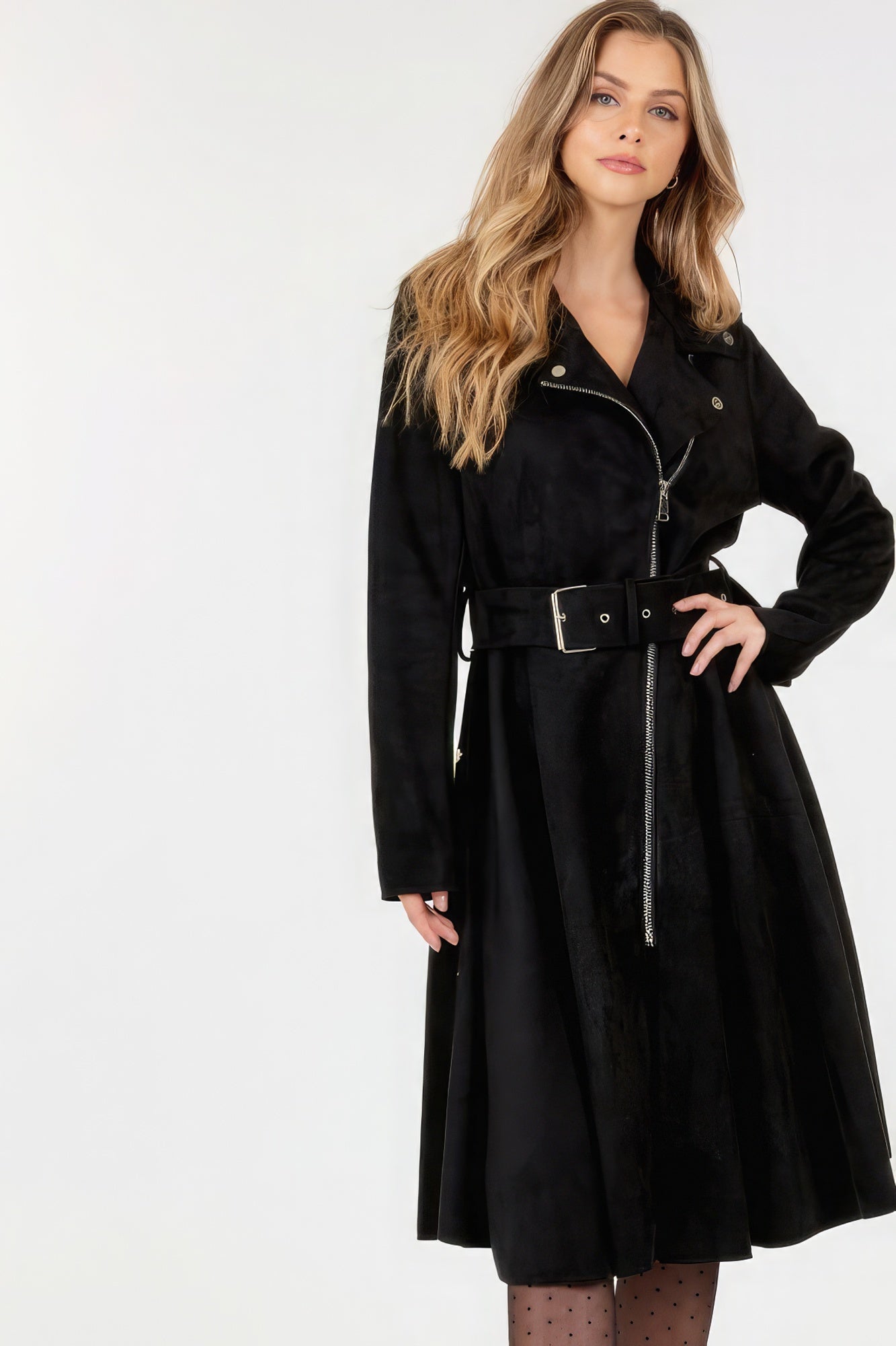 Waist Belt Tacked Faux Suede Coat Solid Coat Look Up Deals