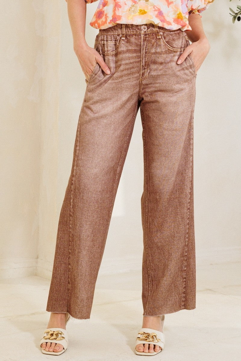 Waist Elastic High-rise, Straight Fake Denim Print Pants Look Up Deals