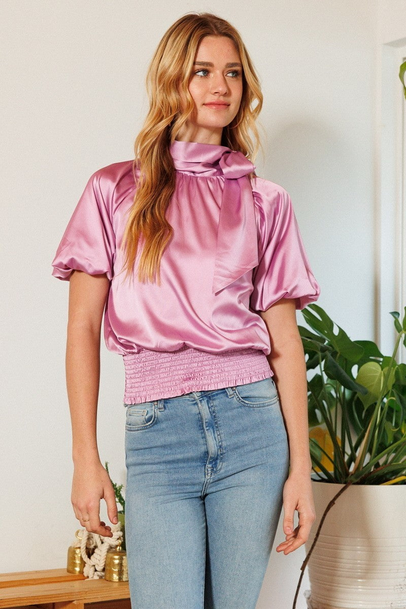 Waist Smocked Solid Satin Blouse Look Up Deals