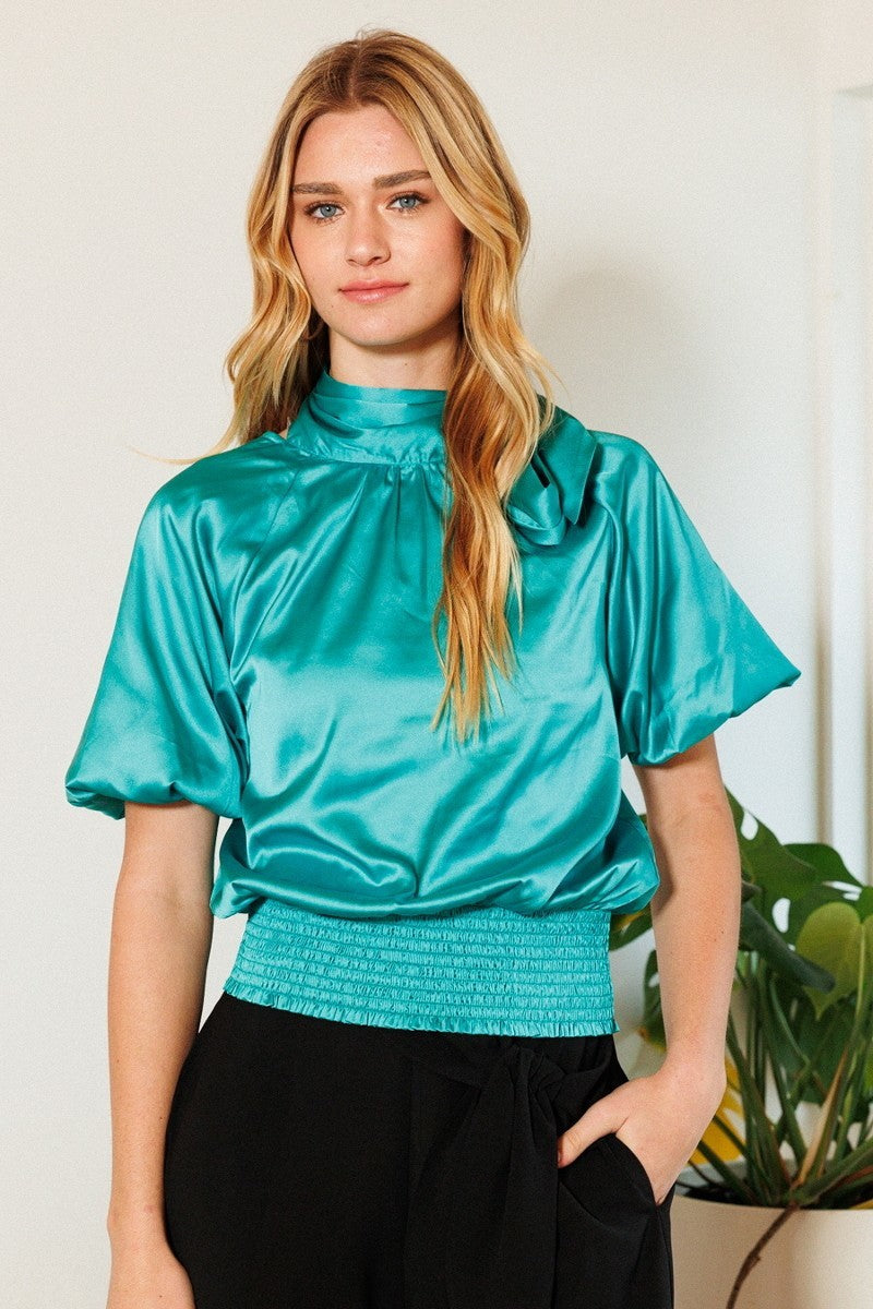 Waist Smocked Solid Satin Blouse Look Up Deals