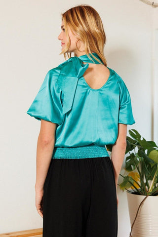 Waist Smocked Solid Satin Blouse Look Up Deals