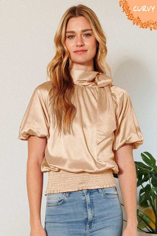 Waist Smocked Solid Satin Blouse Look Up Deals