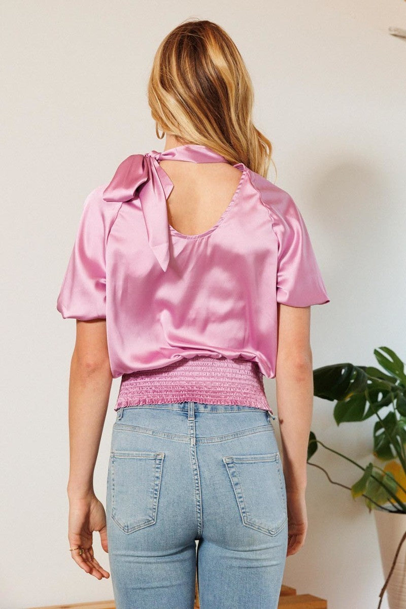 Waist Smocked Solid Satin Blouse Look Up Deals